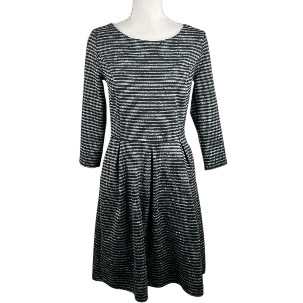 Merona Black Gray Stripe Business Career Fit & Flare Midi‎ Dress Size Medium